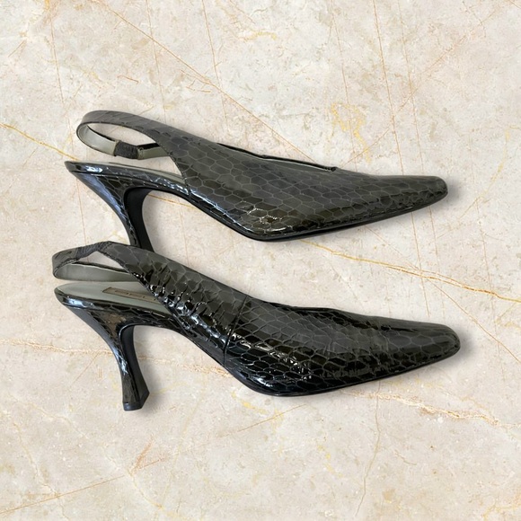 Bellini Black Patent Croc Heel SZ 11 Women Leather Ankle Strap Coquette Dinner - Picture 3 of 11